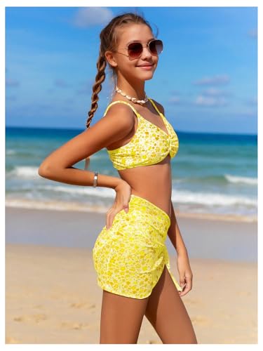 Image of OYOANGLE Girl's 3 Piece Bikini Sets Floral Print Spaghetti Straps Cute Swimsuits with Beach Skirt Bathing Suits