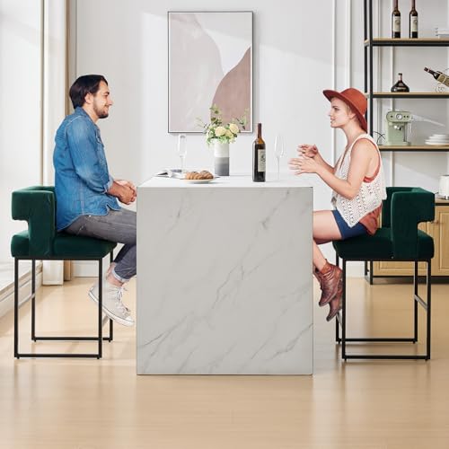 Image of 26 inch H Velvet Bar Stools Set of 6, Counter Height Bar Seats with Square Back, Modern Upholstered Armless Barstools with Metal Black Legs for Kitchen Island Dining Room Bar, Green