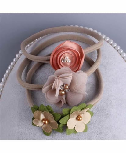 Image of SYGA 3 Pcs Baby Headband Nylon Flower Stretchable HairBand for Newborn Infant Toddlers Kids 0-3 Year (Khaki, Free Size)