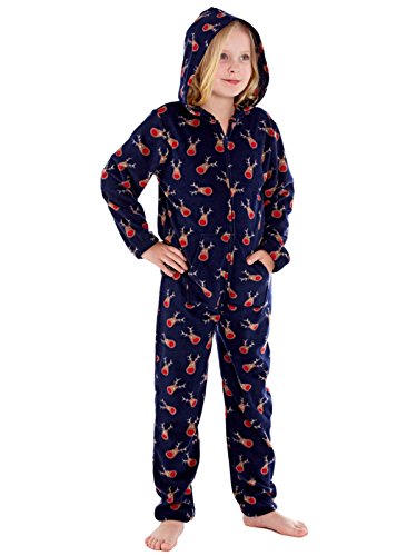 SaneShoppe Unisex Rudolph All Over Print All in One Hooded Polar Fleece Onesie Navy 11/12yrs