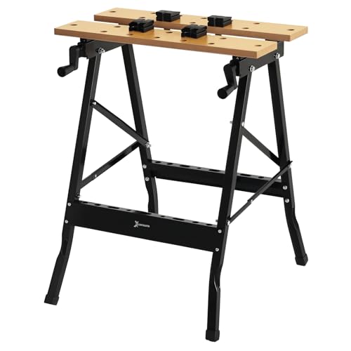 DURHAND Banco de Trabajo Plegable Mesa de Trabajo Portátil con 4 Abrazaderas Agujeros para Sierra Uso Doméstico Carpintería Hierro MDF Soporta 70 kg 56x62x75 cm Natural Negro