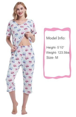 Image of CHUNG Women Cotton Pajama Sets Sleepwear pjs Short Sleeve Shirt Capri Length Crop Pants Cute Vivid Print