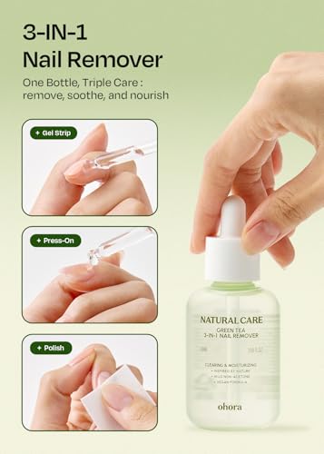 Image of ohora Natural Care Green Tea 3-in-1 Nail Remover 50mL - Non-Acetone, Gentle Moisture-Retaining Formula with Green Tea Extract - For Gel, Press-On & Polish, Smooth Easy Nail Removal