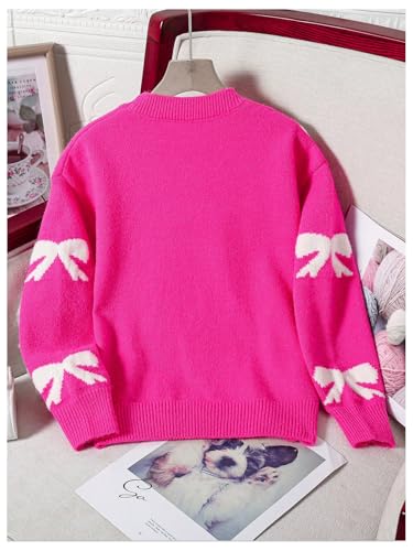 Image of BEAUDRM Girl's Cute Bow Sweater Crew Neck Long Sleeve Drop Shoulder Loose Pullover Tops