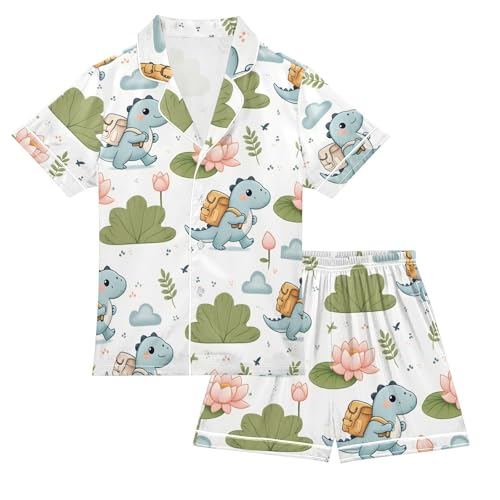 ALAZA Dinosaur Water Lily Cloud Pajamas Satin Pajama Set Short Sleeve Button Down Sleepwear