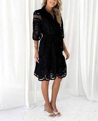 Image of Women's Summer Hollow Out Lace Mini Dress Lantern Sleeve Lapel Button Ruffle Casual Beach Party Dresses