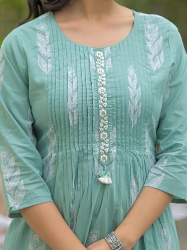 Image of Divena Teal Green Cotton Pintuck Design Kurta pant set with Dupatta