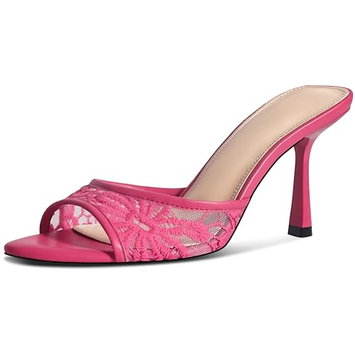 LOHEK Hot Pink High Heels for Women Open Toe Slip On Kitten Heels Mules Summer Dress Lace Sandals Women in Vacation Holiday Bridal, Size 7.5