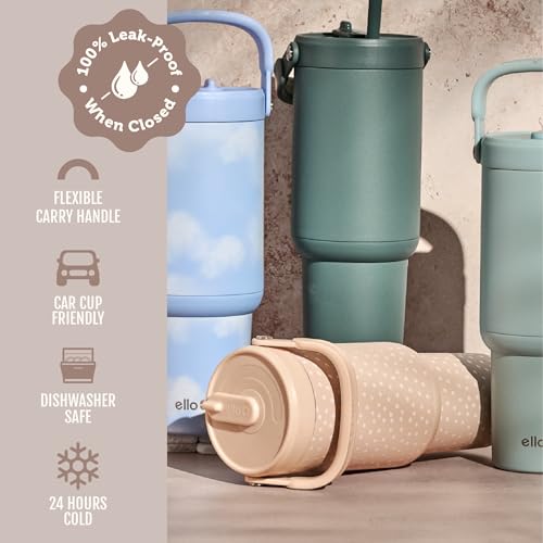 Image of Ello Oasis Go+ 32oz Tumbler with Top Handle and Retracting Straw | Reusable Insulated Stainless Steel Cup, 100% Leakproof Water Bottle, 24 Hours Cold, Cup Holder Friendly For Travel | Wild Dot
