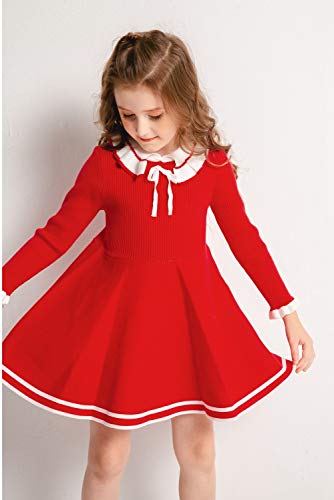 Smiling Pinker Toddler Girls Dresses Sweater Long Sleeve Winter Knitted Skater Dress Ruffle Collar (Red, 6-7 Years) #TOP1