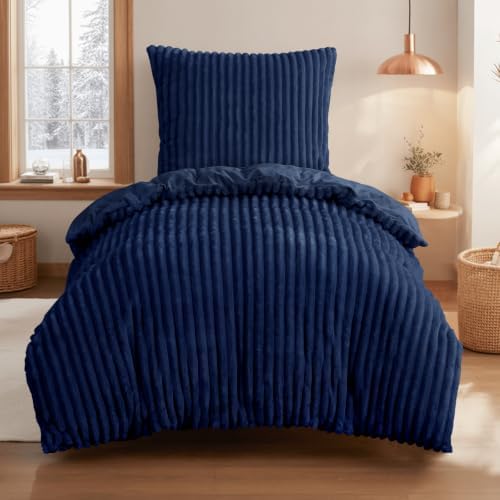 Aisbo Winter Warm bettwäsche 155x220 2teilig Dunkelblau - Cord Flauschige Flanell Winterbettwäsche Plüsch Teddy Fleece Cashmere Touch Bettbezug und Kissenbezug 80x80 cm mit Reißver