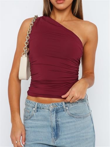 ForeFair Women One Shoulder Going Out Crop Tank Tops Slim Fit Sleeveless Shirts Y2k Cute Top3