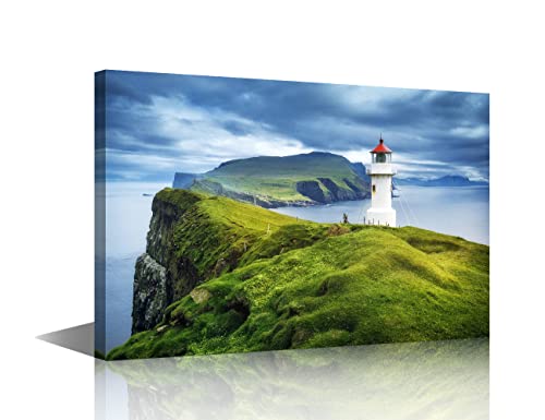 Mikinski Lighthouse Print on Canvas Wall Art Nature Pictures Stretched Canvas Wooden Framed Faroe Islands Landscape for living Room Bedroom and Office 16x24inch (40x60cm)