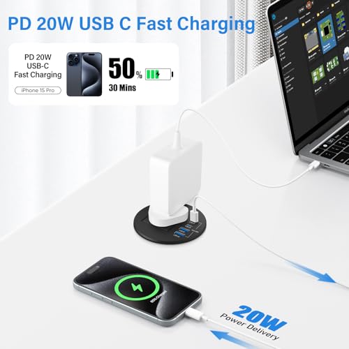 Recessed Power Socket with 1 UK Plug, 20W Fast Charging USB-C Port, Desk Power Grommet 80mm, Seamless Flush Mount - Make Your Desktop Tidier, Workspace Essential Desk Socket (Black) - Image 4