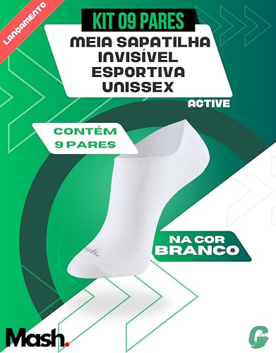 MASH Kit 9 Pares Meia Invisível Sapatilha Esportiva Faixa Tensora Active Unissex, 9 Brancos, 39-44