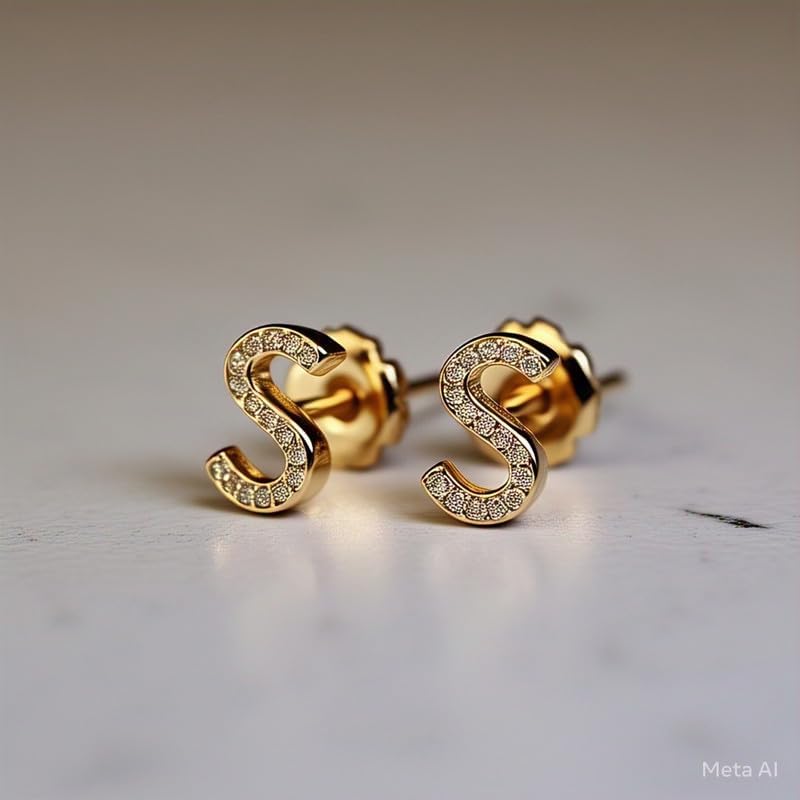 Alphabet S Stud Earrings in 14k Gold Plated Sterling Silver With 2mm CZ Diamond Round Shape Handmade Stylish Letter Push Back Stud Earring Set for Women |A_STUD_FG_499 image 3