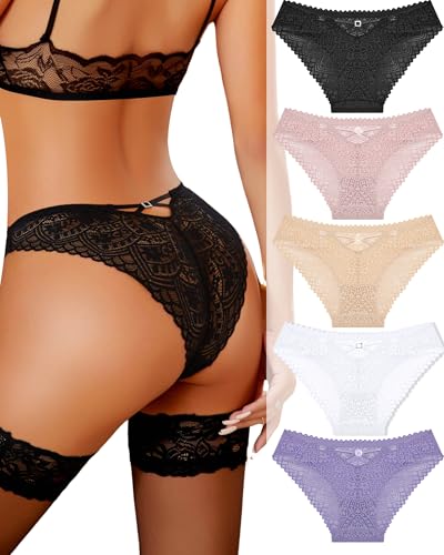 ALL OF ME 5er Pack Unterhosen Damen Spitze Brazilian Slips Unterwäsche Frauen X-Back Sexy Hipster Underwear Women Lace Dessous Nahtlos Panties...