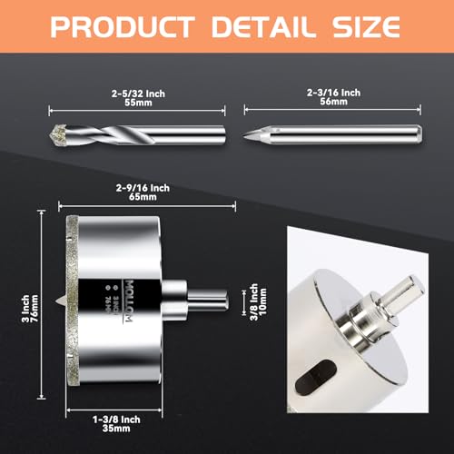 Image of MOLLOM 3 inch (76mm) Diamond Hole Saw with 2 Pilot Drill Bit | Tile Hole Saw Smooth Cutting Porcelain Tiles,Ceramic,Marble,Granite