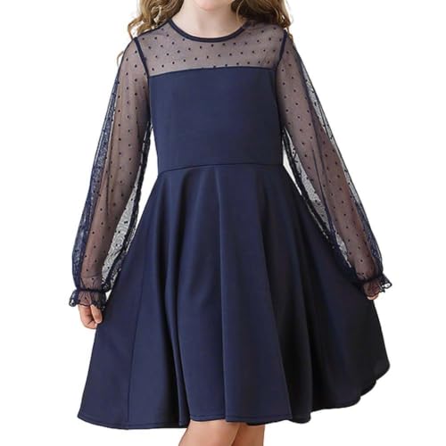 Image of Vicloon Girls Dress Contrast Mesh Puff Long Sleeve High Waist Princess Skater, Party Dress for Kids 11-12 Years Blue