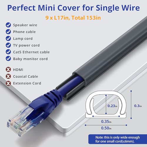 Image of One Cord Cover Wall 153in(9X L17in) - Mini Wire Hider, Wire Cover for Hiding Speaker Wire, Baby Monitor Cord - Paintable Wire Channel for Cable Concealer, W0.5in H0.3in, CMR05 Grey