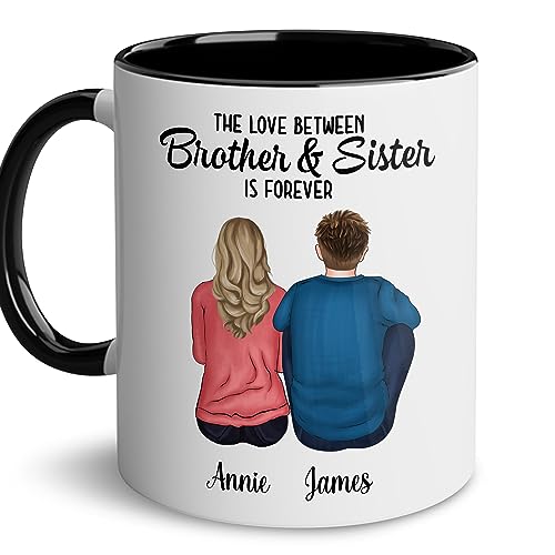 WHIDOBE Personalized Sister Brother Mug (Sister - Brother) Custom 11oz 15oz Mug with Avatars, Names, Quote - Customized Gift for Siblings, Cousin - The Love Between Brothers And Sisters Is Forever V1