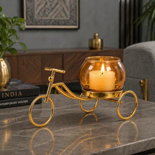Image of CentraLit Decorative Metal Tricycle Candle Holder with Glass Bowl | Gold Tea Light Holder Stand, Vase for Home Decor, Decorative Plant Pot for Living Room, Aesthetic Home Decor Item & Return Gift