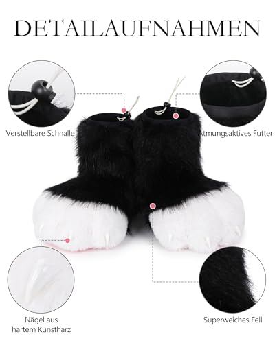 ZFKJERS Cosplay Tierkatze Kunststoffkrallen für Fursuit Füße Pfotenschuhe Pelzige Pfotenpantoffeln Erwachsene Kostüm Zubehör Set (Schwarz-Weiß)