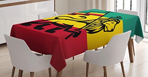 Ambesonne Rasta Tablecloth, Judah Lion with a Rastafari Flag King Jungle Reggae Theme Art Print, Rectangular Table Cover for Dining Room Kitchen Decor, 60″ X 90″, Yellow Red
