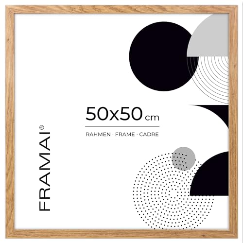 FRAMAI® Bilderrahmen 50x50 cm Eichenfarbe, MDF Umweltfreundlichem Rahmen mit Bruchsicheren Plexi, Aufhänger und Aufsteller – Ansicht 1