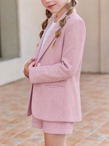 Image of Batermoon Girls Blazer Lapel Long Sleeve Blazer and Pants Set | 2 Piece Outfits Button Front Blazer and Short Pants Suit Sets 4-14 Years