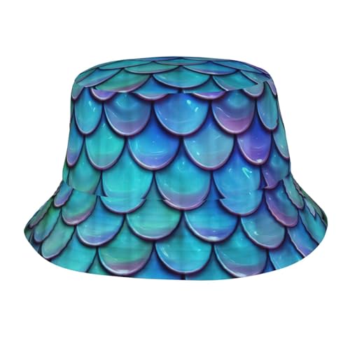 Yyoretp Sombrero de pescador plegable con estampado de escamas de pez de sirena, color verde azulado, protección solar para viajes, camping, Negro, Talla única