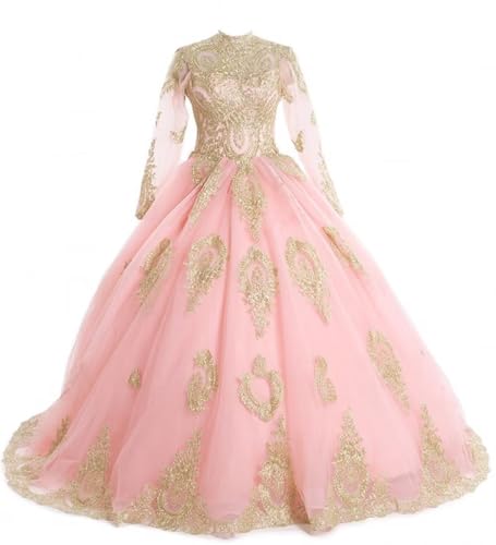 LEJY Women's Muslim Wedding Dresses High Neck Applique Long Sleeves Ball Gowns