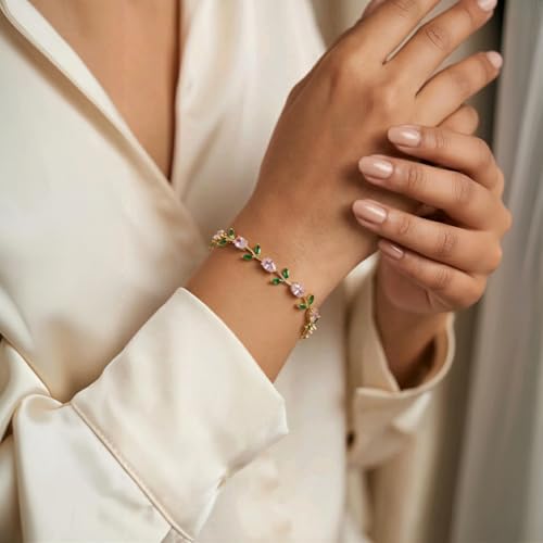 Image of Trend It Anti-Tarnish Tulip Bracelet for Women |Floral Bracelet with Pink & Green Crystals, Perfect Party & Gift Jewellery, Trendy Bracelet For Ladies