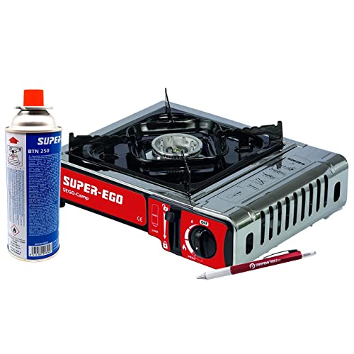 Cocina portátil de gas butano SUPER-EGO para camping. Incluye hornillo de gas, maletín de transporte, un cartucho de butano BTN 250 y boli destornillador de regalo. Adaptada a la nueva norma EN-17476