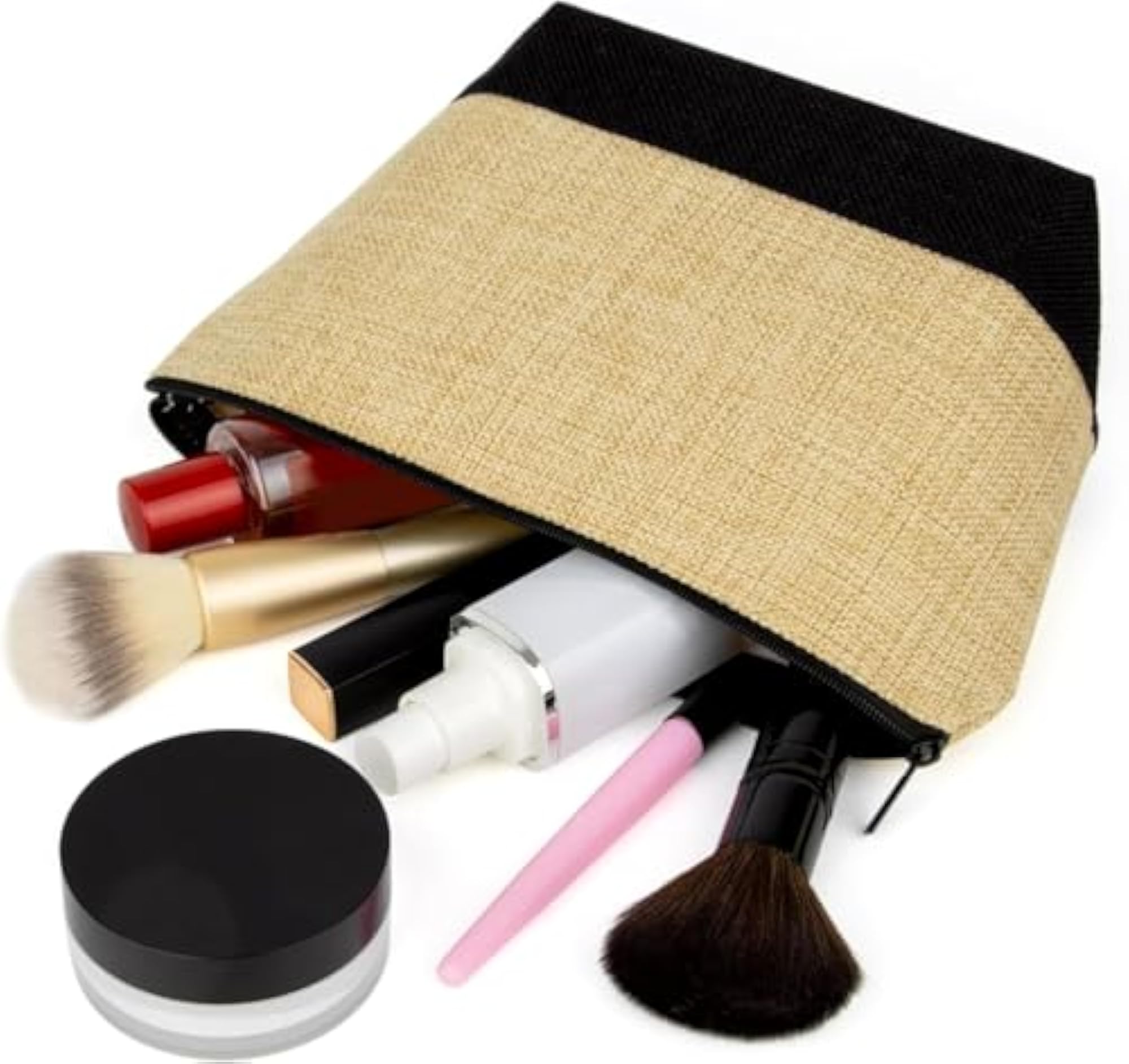 6 Pack Jute Makeup Bag with Zipper, Beige and Black