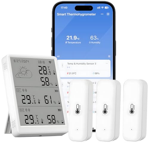 Comboss Thermomètre hygromètre WiFi - Capteur de température et d'humidité par application - Portée de 100 m - Compatible avec Alexa (3 capteurs + station de base)