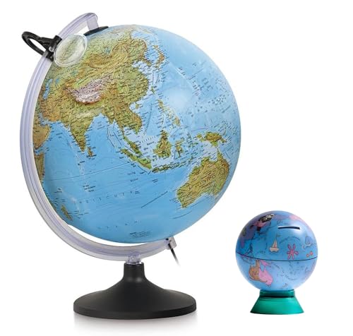 Globo terráqueo Tecnodidattica Uranio 30 cm iluminado – Globo geográfico educativo con relieve 3D, cartografía política y física, base con semimeridiano y lente + hucha globo geográfico D. 11 cm