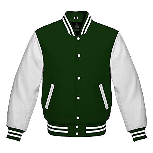 Lishow Fashion Varsity jacket Baseball Letterman Bomber School Collage Premium Wool and Genuine White Leather Sleeves Jacket (Green, 4XL)