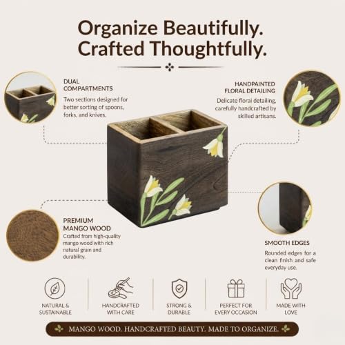 Image of Aurum Crafts Mirra Mango Wood Cutlery Stand (5 x 75 x 75 in) | Handcrafted Spoon & Fork Holder for Kitchen | Wooden Utensil Organizer for Dining Table | Multipurpose Storage Stand