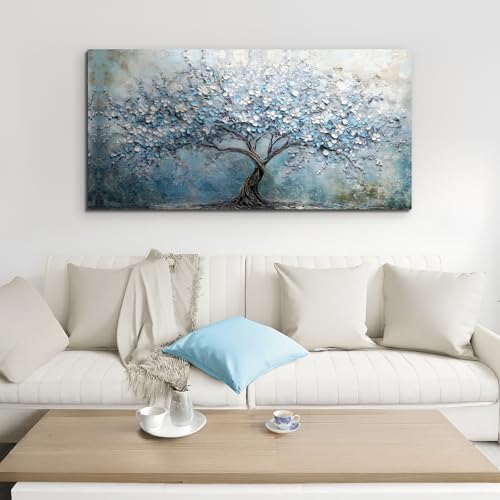 crmotu Tree of Life Large Wall Art for Living Room, Cherry Blossom Tree Abstract Art Prints Canvas Pictures, Modern Blue White Aesthetic Painting Bedroom Bathroom Home Office Wall Decor 24"X48"