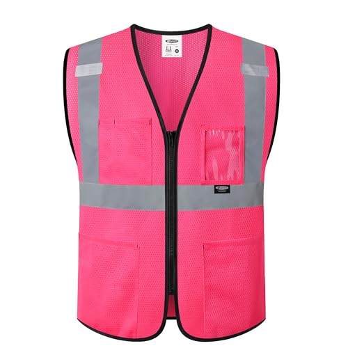 JKSafety Safety Vest for Men Women Hi Vis Construction Vest with Pockets High Visibility Meet ANSI Standard Pink Color (BX310-Pink M)