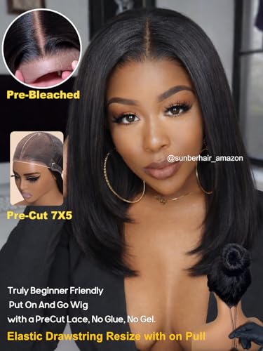 Image of Sunber Yaki Straight Bob Layered Cut with Face Framing Layers 7X5 Lace Part Bob Wig Human Hair Bye Bye Slip Glueless Wig with Silicone Strips Drawstring 180% Density Bleached Knots Pre Plucked 12inch