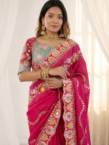 Image of AKHILAM Women's Pure Georgette Embroidered Saree With Unstitched Blouse Piece