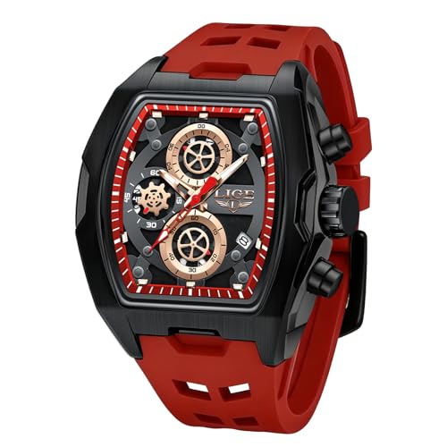 Image of LIGE Men's Watch Skeleton Tonneau Square Chronograph Stainless Steel Quartz