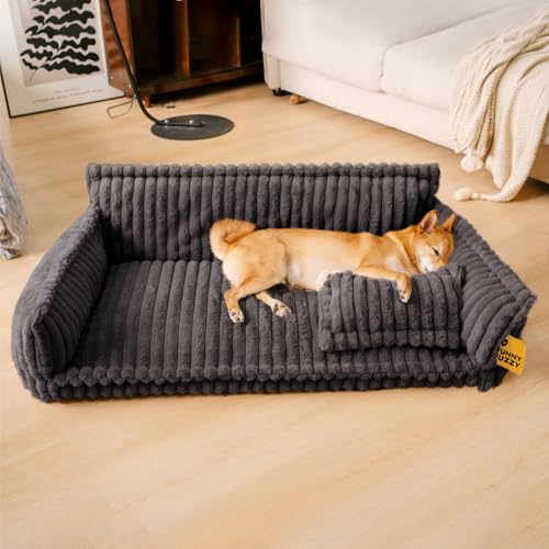FUNNY FUZZY Dog Bed for Medium Large Dogs - Orthopedic Dog Sofa with Removable Washable Cover and Anti-Slip Bottom, Supportive Foam Pet Couch Bed (Dark Grey, XXL)