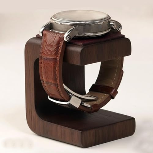 ZESH WOOD ART Wooden Watch Display Stand, Oak Finish, Single Watch Holder, Handcrafted Wristwatch Showcase with Brown Leather Strap Support