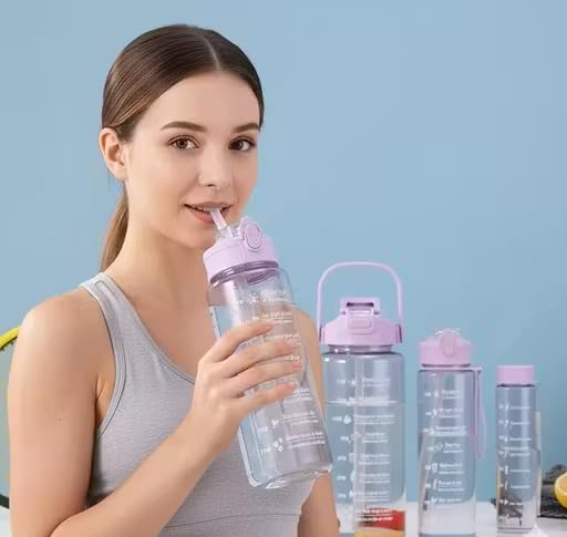 Image of TRANSPARENT 3-Pcs (2000ML-900ML-300ML) Water Bottle with Straw & Time Marker | Leak-Proof Sports Bottle for Gym, Office, School | Break-Resistant Silicone Bottle for Daily Hydration (Green)