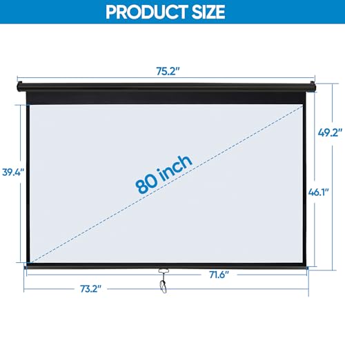Image of 80 inch 16:9 HD Manual Projector Screen with Auto Lock Anti-Crease Home Theater Office Wall Mounted Ceiling Pull Down Projection 1.1 Gain Matte Black, View Size: 72 x 40 inches