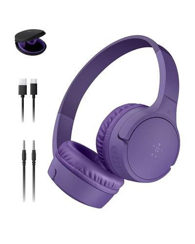 Belkin SoundForm Mini - Wireless Bluetooth Kids Headphones, 30H Battery, 85dB Safe Volume Limit, Built-in Microphone - Toddler On-Ear Earphones for iPhone, iPad - Ideal for School - Purple w/Case