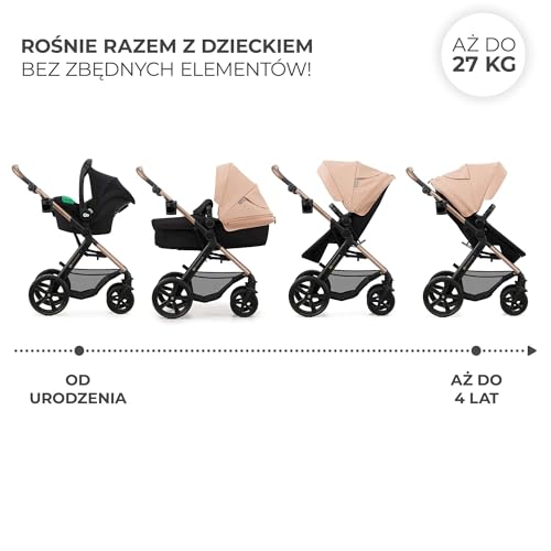 Kinderkraft MOOV2 Kinderwagen 4 in 1 Kinderwagenset bis 22 kg mit Kindersitz I-SIZE 40-75 cm, Buggy Funktion, Liegeposition verstellbar, Große ausziehbare Verdeck, Eva-Schaum-Räder, Beige